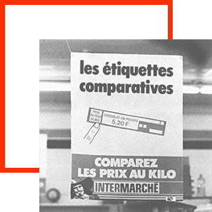 en 1980, Invention du prix au litre et au kilo : illustration d'une affichette.